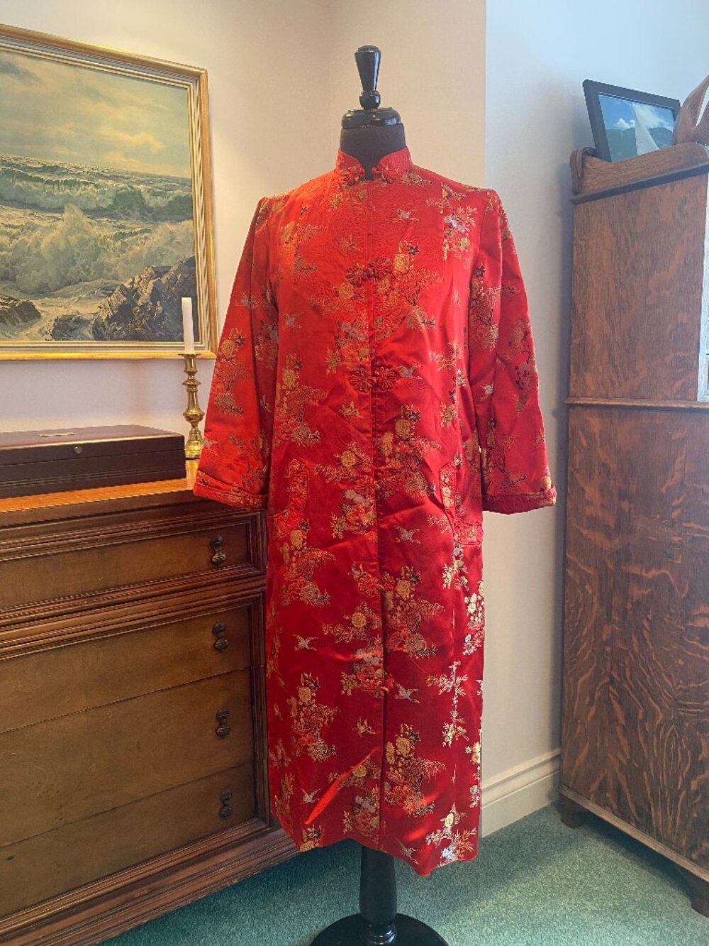 Vintage Red Brocade Mandarin Collar Jacket Small